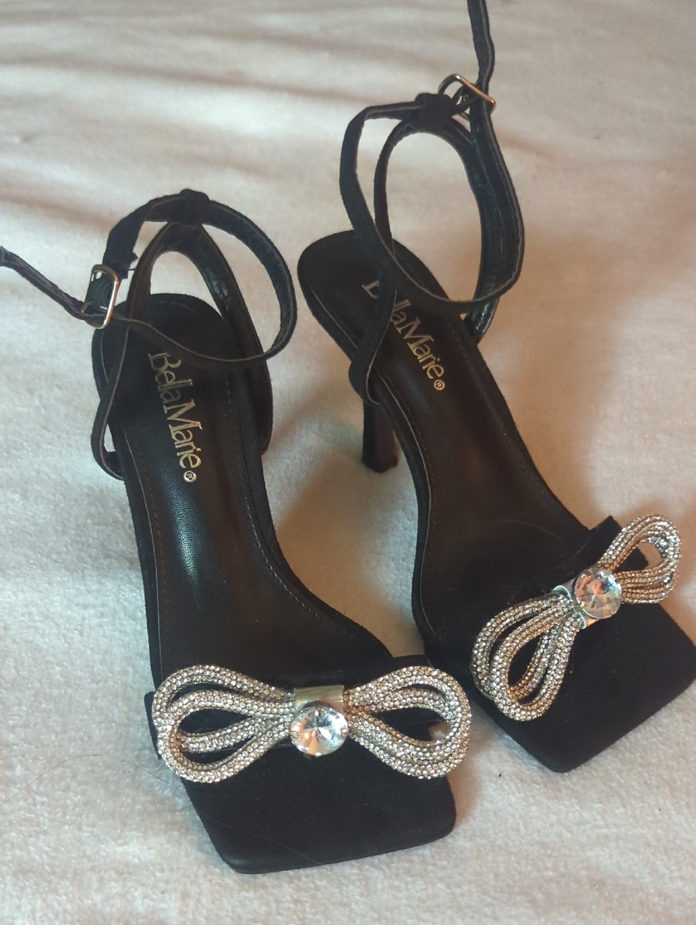 Bella Marie Black Ankle-Strap Heels with Crystal Bow